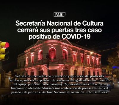 Secretaría Nacional de Cultura cerrará sus puertas tras caso positivo de COVID-19