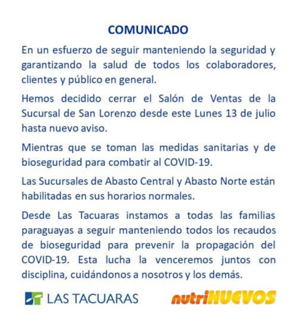 Reducto: Por prevención cierran local de ventas de Nutrihuevo » San Lorenzo PY
