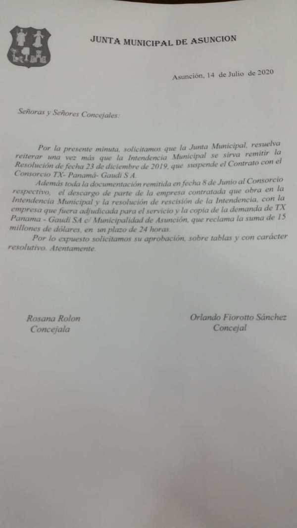 Concejales piden detalles de la rescisión de contrato con TX Panamá y demanda contra la comuna - ADN Paraguayo