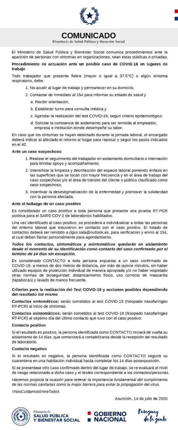 Que se debe hacer en organizaciones públicas o privadas en caso de posible caso COVID-19 » San Lorenzo PY