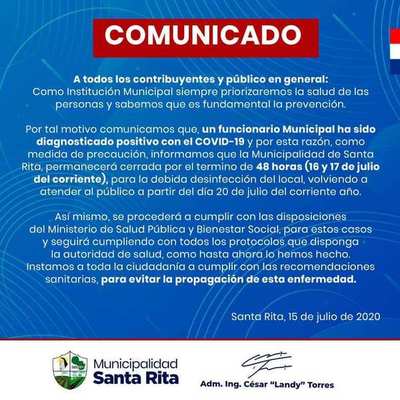 Municipalidad de Santa Rita cierra por 48 horas por caso Covid-19 positivo - ADN Paraguayo