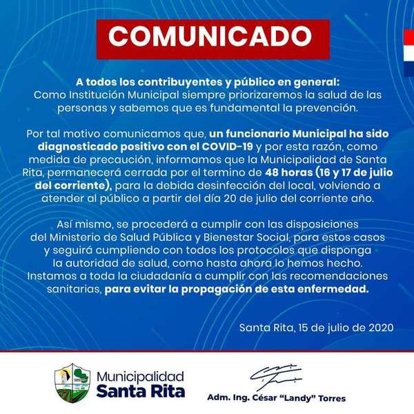Municipalidad de Santa Rita cierra por 48 horas por caso Covid-19 positivo - ADN Paraguayo