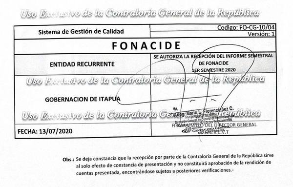 GOBERNACIÓN DE ITAPÚA PRESENTA EN TIEMPO Y FORMA RENDICIÓN DE FONACIDE