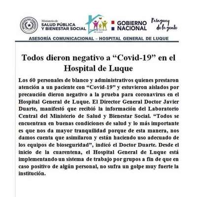 Negativos a Covid-19 en Hospital de Luque • Luque Noticias