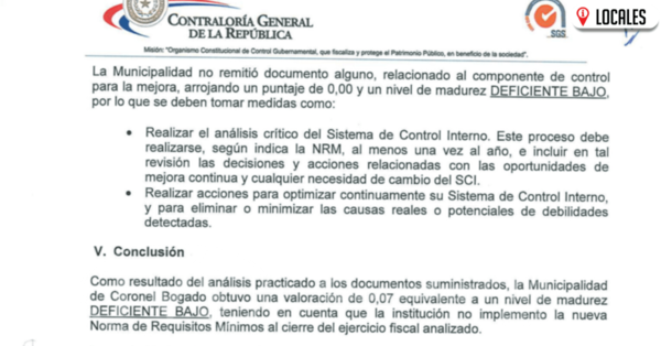Contraloría califica como deficiente sistema de control en Coronel Bogado
