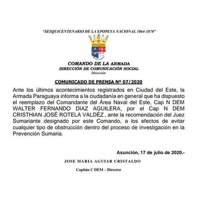Comandante Naval de Ciudad del Este es destituido tras la muerte del joven marino