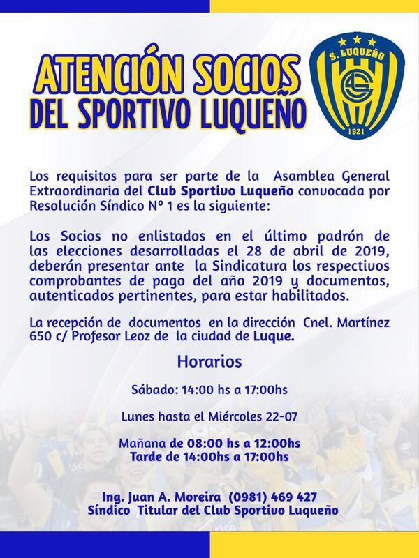Luqueño: Requisitos para asamblea - Sportivo Luqueño - ABC Color