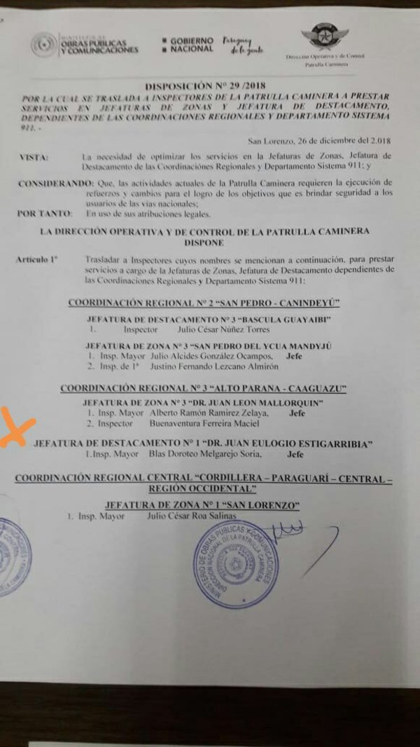 Tras bochorno designan a nuevo jefe en la Patrulla Caminera de Campo 9 - Campo 9 Noticias