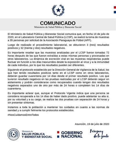 Ministerio confirma tres positivos - Fútbol - ABC Color