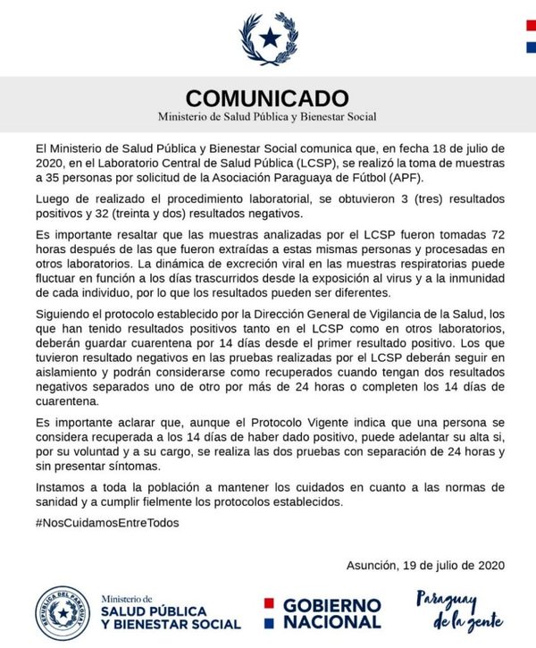 De 35 pruebas solicitadas por la APF, 3 dieron positivo al covid-19 | Noticias Paraguay