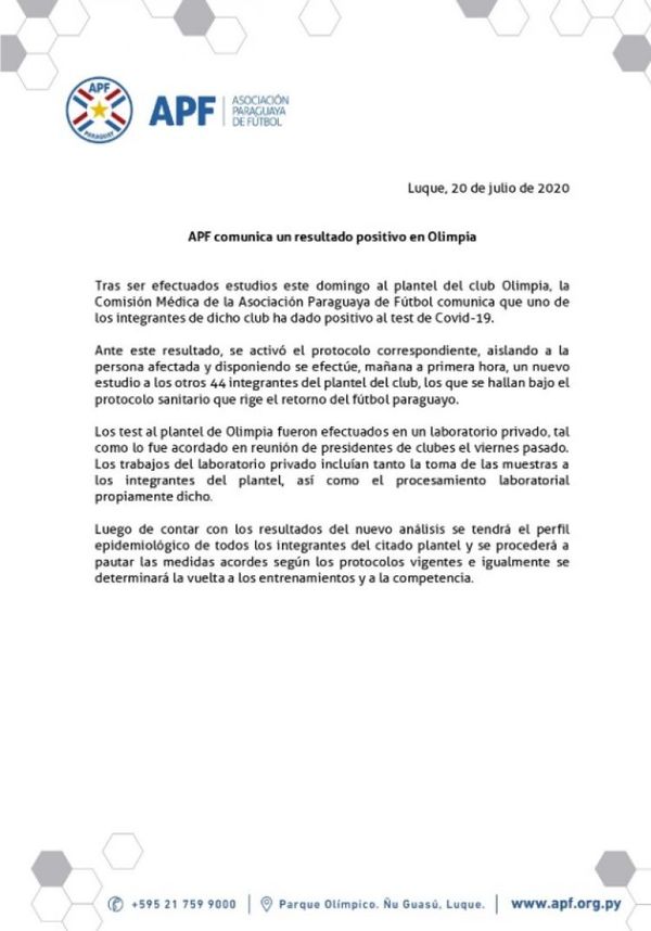 La APF confirma un positivo en Olimpia