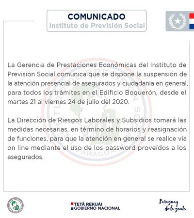 Trámites y atención presencial en IPS Boquerón, quedan suspendidas hasta el 24 de julio