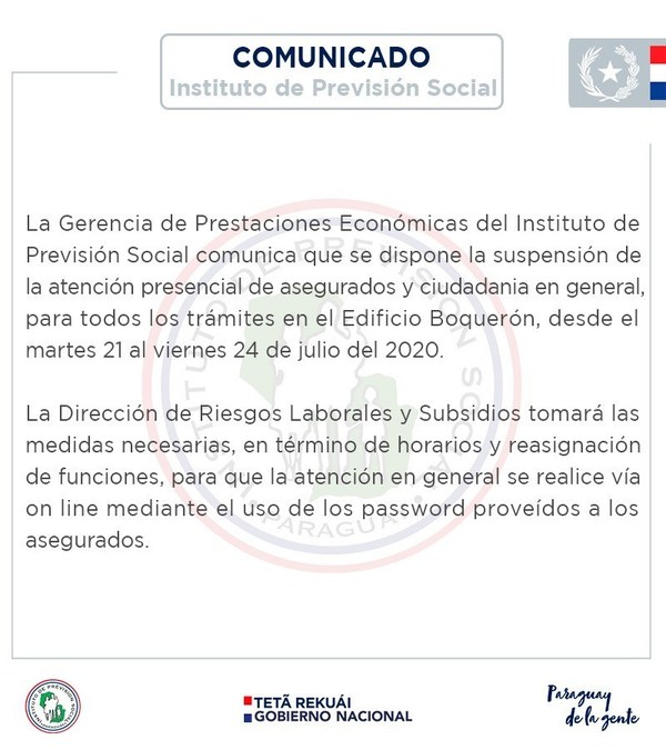 Trámites y atención presencial en IPS Boquerón, quedan suspendidas hasta el 24 de julio