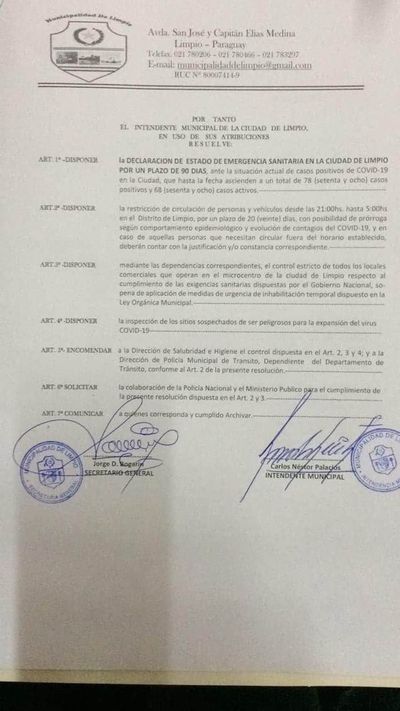 Declaran emergencia sanitaria en Limpio por casos de COVID-19  - Noticiero Cardinal - ABC Color