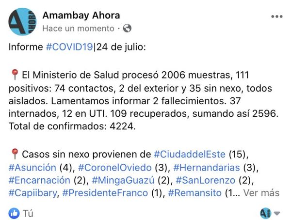 Otros dos fallecidos y 111 infectados en el reporte COVID-19 del día
