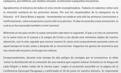 Diócesis de CDE suspende por este año  la primera comunión y confirmación