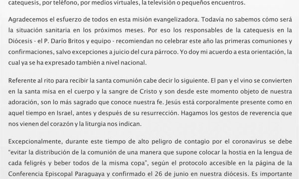 Diócesis de CDE suspende por este año la primera comunión y confirmación