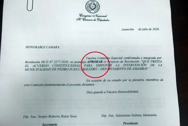 Aconsejan a la Cámara de Diputados aprobar la Intervención de la Municipalidad de Pedro Juan Caballero