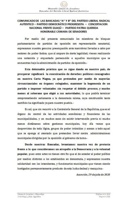 Senadores condenan orquestada persecución a intendentes opositores