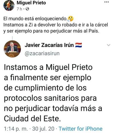 Tras blanqueo, Zacarías reaparece cuestionando a Miguel Prieto
