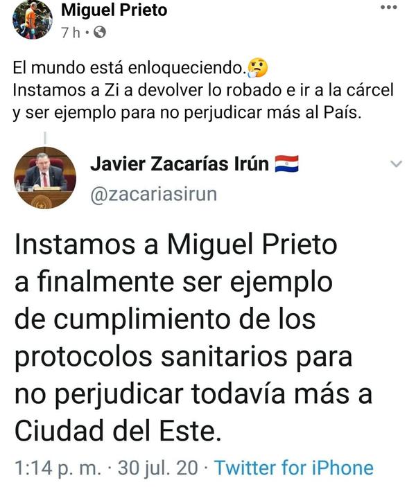 Tras blanqueo, Zacarías reaparece cuestionando a Miguel Prieto