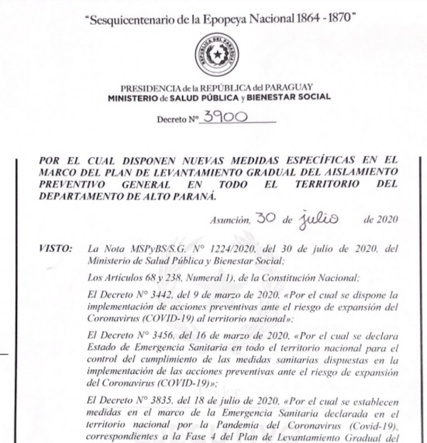 Poder ejecutivo emite decreto que dispone medidas especiales en el Dpto. de Alto Paraná » San Lorenzo PY