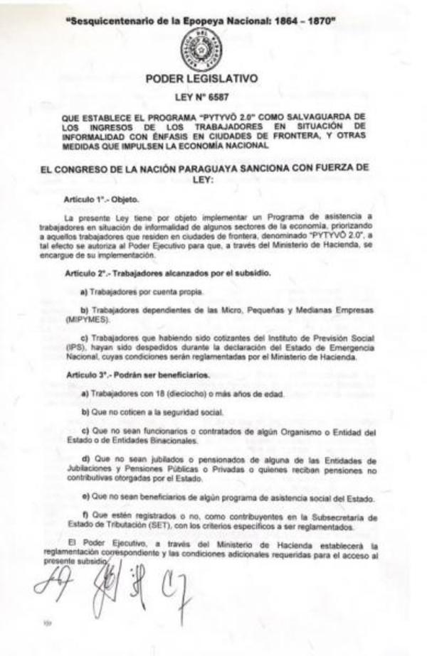 Ejecutivo promulga ley de asistencia “Pytyvõ 2.0” » San Lorenzo PY