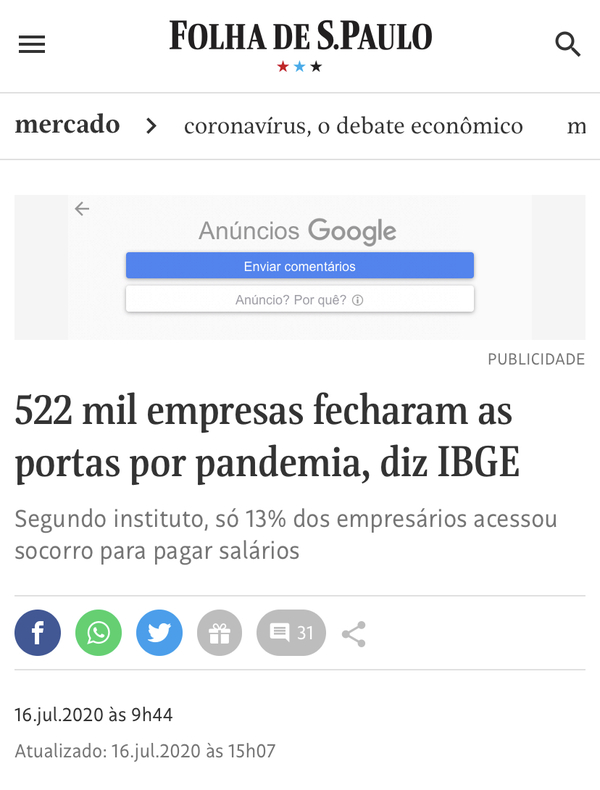 Brasil: 522 mil empresas quiebran por la pandemia - El Trueno