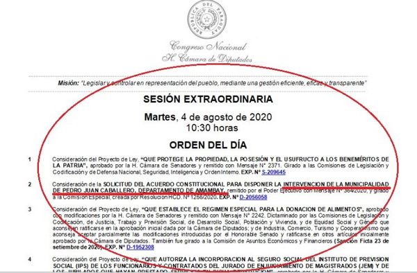 Intervención Municipalidad de Pedro Juan; se tratará hoy a las 10:30 en sesión extraordinaria
