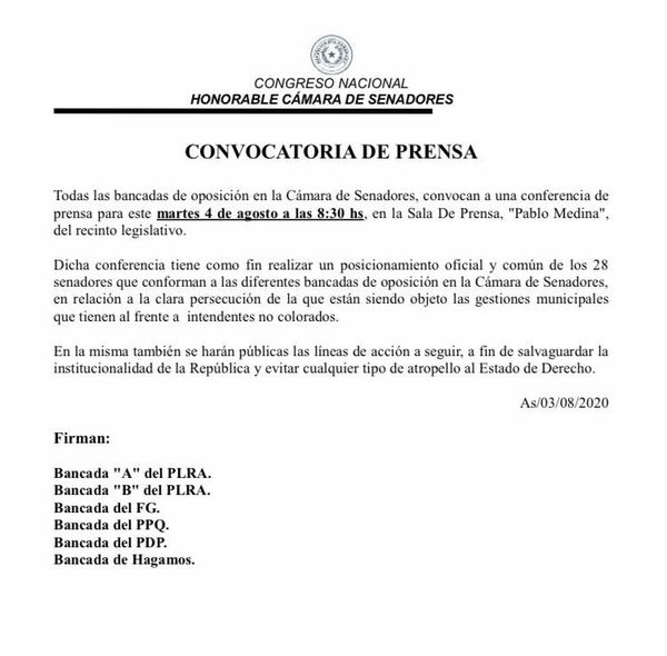 Bancadas opositoras del Senado se pronunciarán sobre persecución política a intendentes no colorados