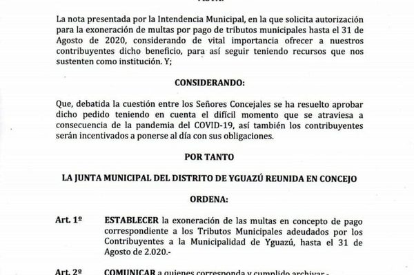 Exoneran multas hasta finales de agosto en Yguazú