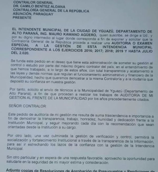 Intendente de Yguazú pide que Contraloría audite su gestión