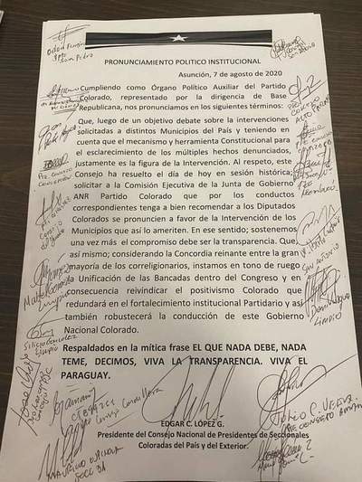 Presidentes de seccionales coloradas solictan a Comisión Ejecutiva que recomiende a diputados de la ANR impulsar intervención a municipios