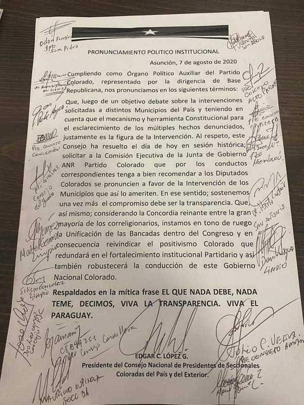 Presidentes de seccionales coloradas solictan a Comisión Ejecutiva que recomiende a diputados de la ANR impulsar intervención a municipios