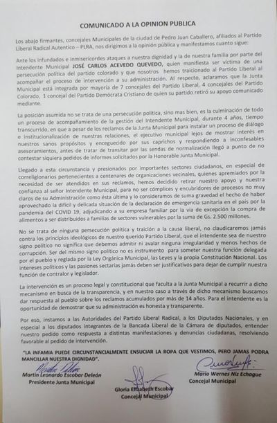 Mayoria de concejales lanzan comunicado ante los ataques infundados e inmisericordes del Intendente
