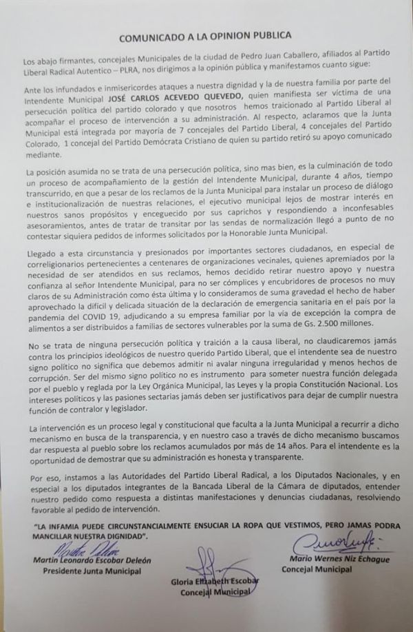 Mayoria de concejales lanzan comunicado ante inmisericordes e infundados ataques del Intendente