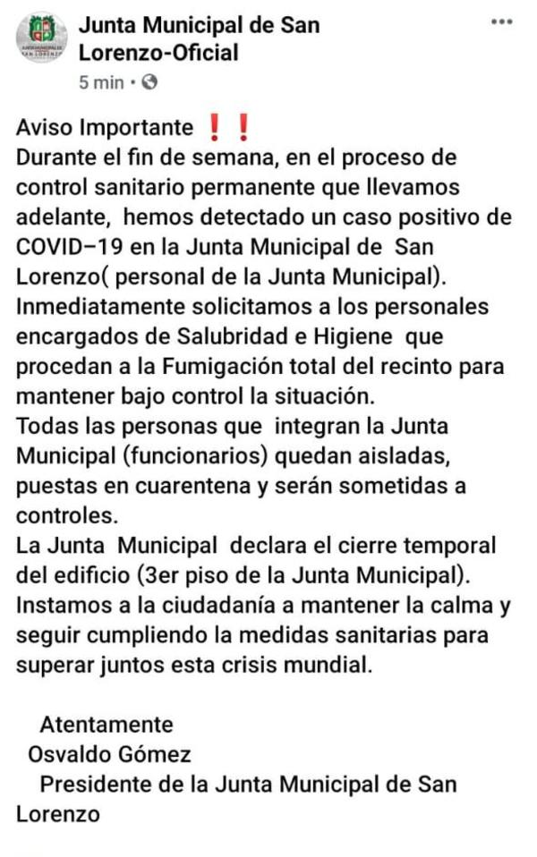 Detectan caso positivo en la Junta Municipal de San Lorenzo » San Lorenzo PY