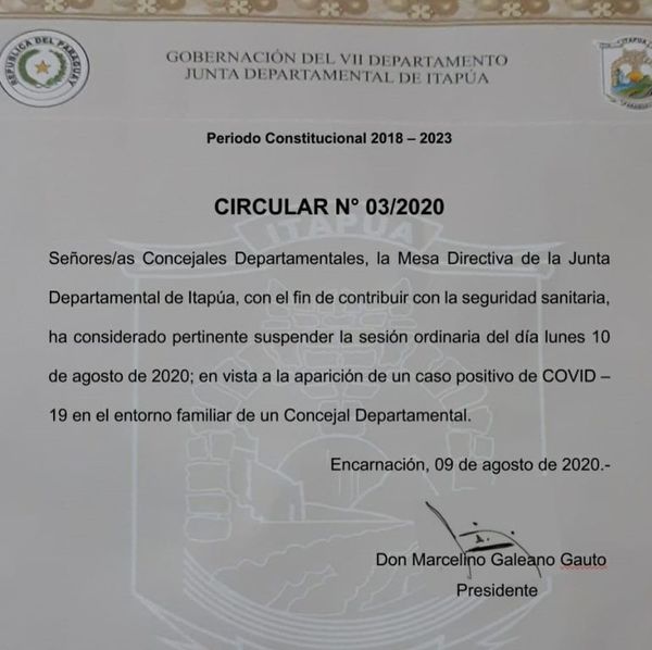 Suspenden sesión de Junta Departamental de Itapúa por covid - Nacionales - ABC Color