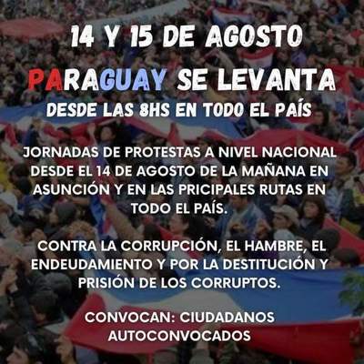Convocan a movilización contra el Gobierno para este 14 y 15 de agosto - ADN Paraguayo