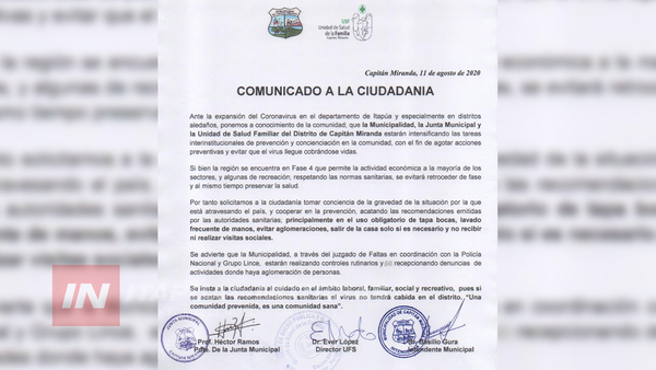 AUTORIDADES SANITARIAS INTENSIFICARÁN CONTROLES EN CAPITÁN MIRANDA