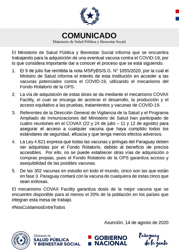 Ministerio de Salud dice que hay gestión para adquisición de eventual vacuna » San Lorenzo PY