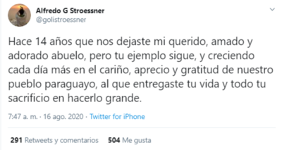 HOY / En aniversario de su muerte, nieto de Stroessner rinde "homenaje" a su abuelo y destaca "legado"