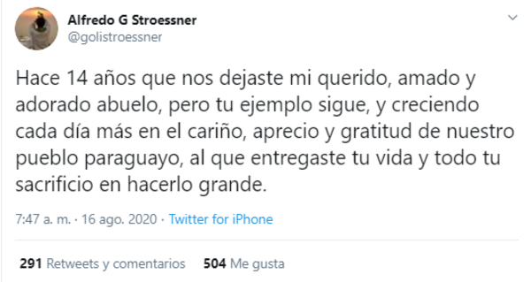 HOY / En aniversario de su muerte, nieto de Stroessner rinde "homenaje" a su abuelo y destaca "legado"