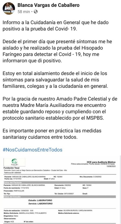 Diputada confirma que dio positivo al Covid-19: “Me encuentro estable guardando reposo” - ADN Paraguayo