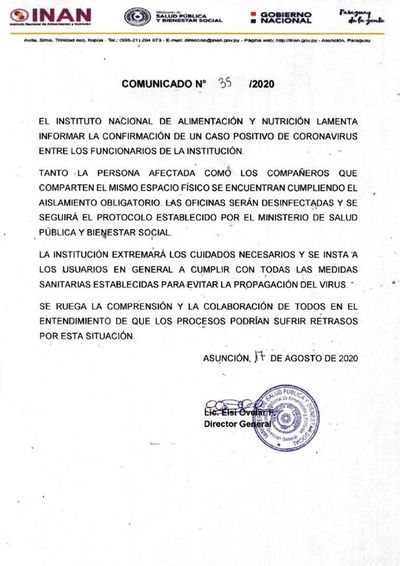 Confirman un caso de COVID-19 en el INAN - Nacionales - ABC Color