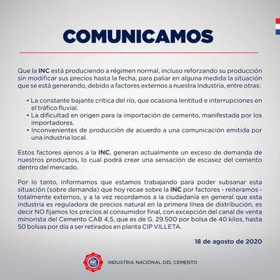INC anuncia aumento de su capacidad para paliar la demanda nacional de cemento