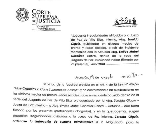 HOY / Jueza de Paz es sumariada por obligar a su actuaría a firmar un documento de contenido falso
