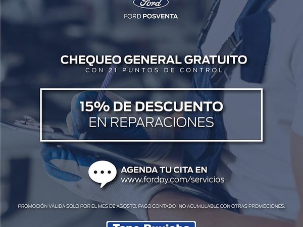 Hacé el chequeo general gratuito de tu Ford y accedé al 15% de descuento en reparaciones