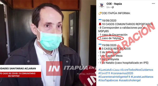 AUTORIDADES SANITARIAS ACLARAN SUPUESTO CASO DE COVID 19 COMUNITARIO EN YATYTAY.