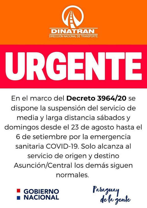 Dinatran suspende viajes de media y larga distancia para Asunción y Central - Nacionales - ABC Color